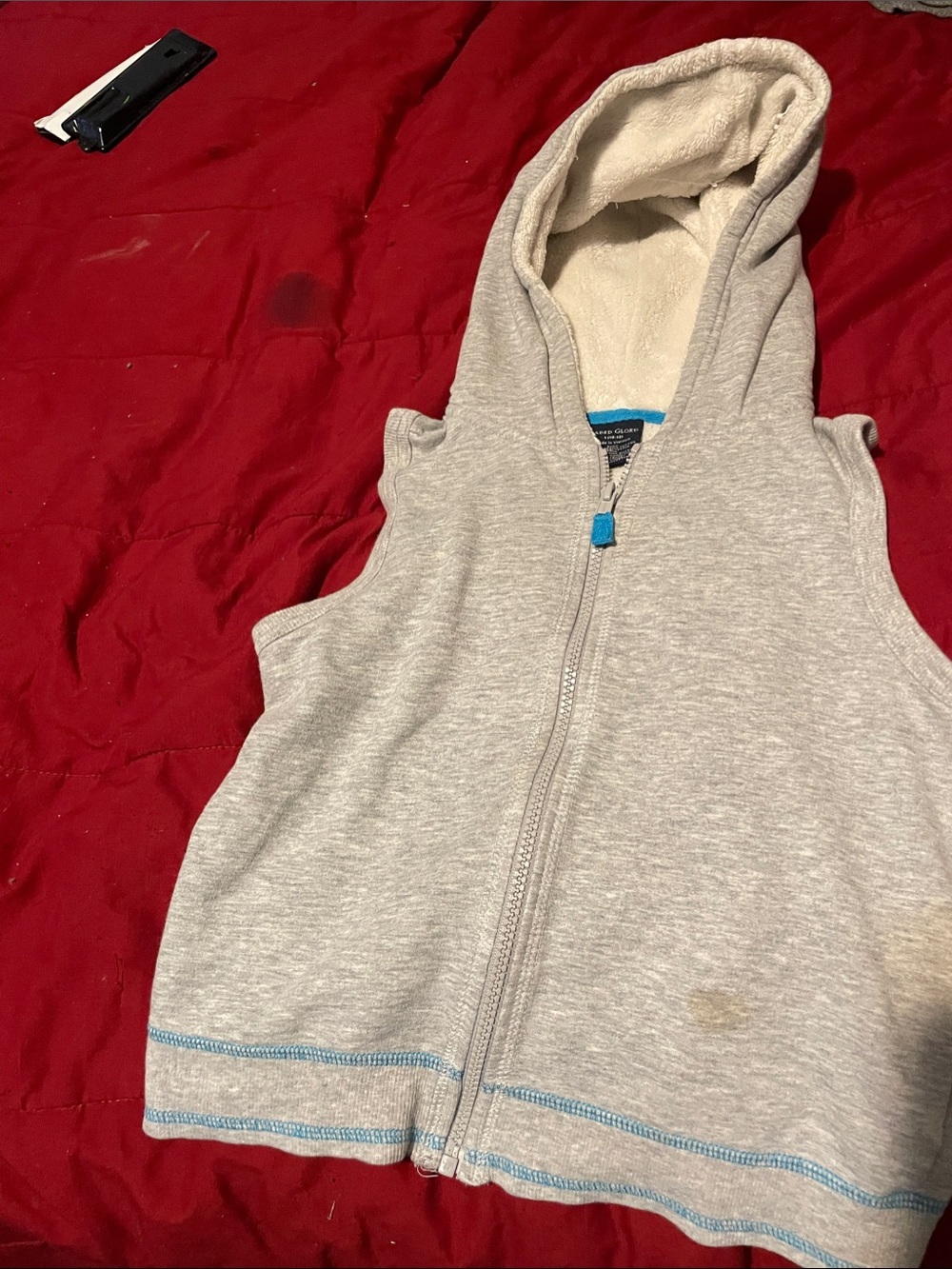 Faded Glory Gray Hooded Tank Top with Cream Lining and Blue Trim